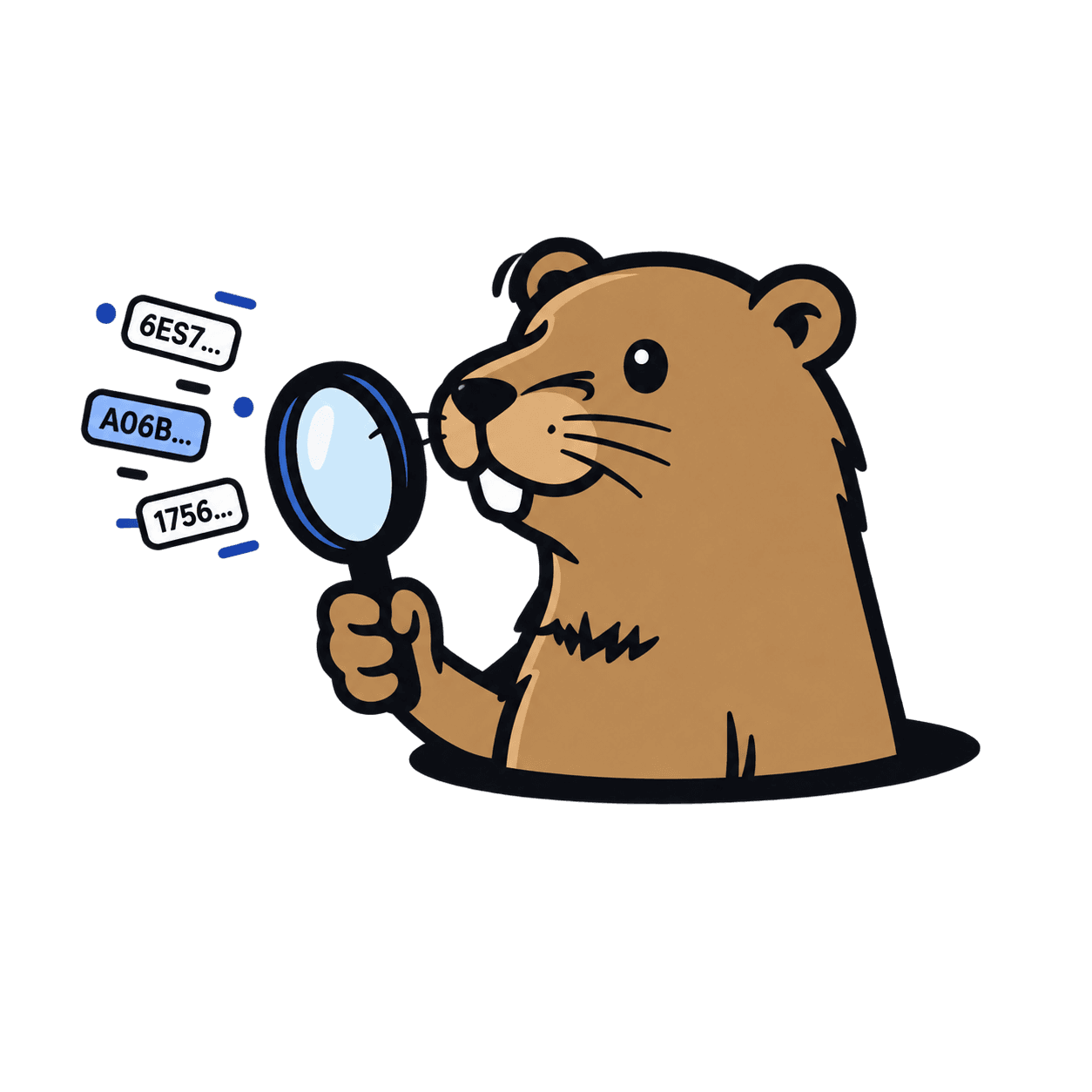 Mike the Gopher, PartLore’s mascot, studying part numbers through a magnifying glass