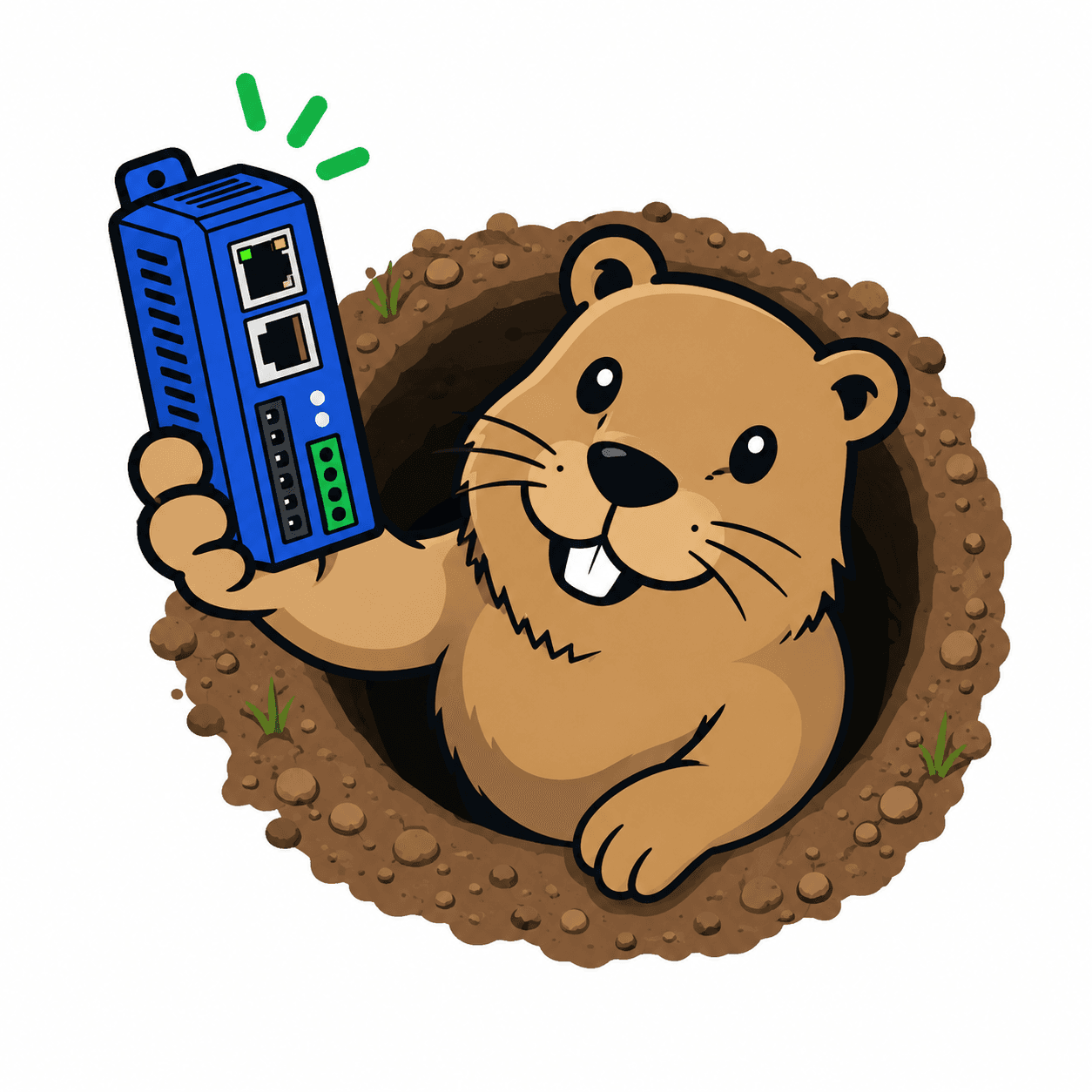 Mike the Gopher holding up a network module he dug up