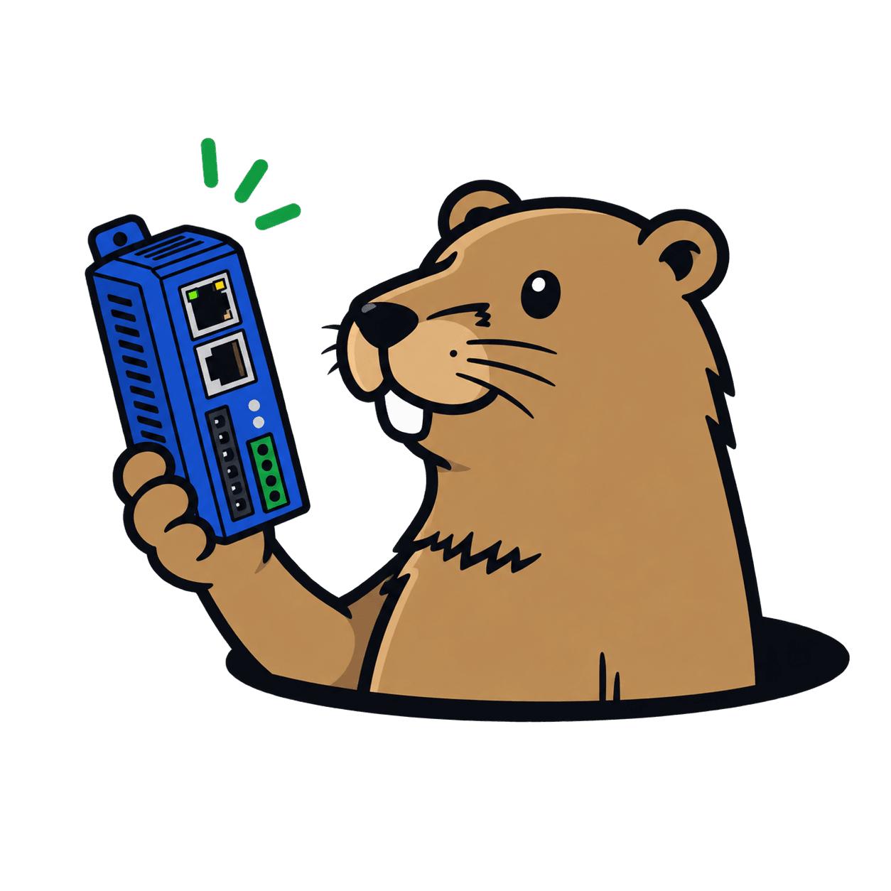 Mike the Gopher holding up a network module he dug up